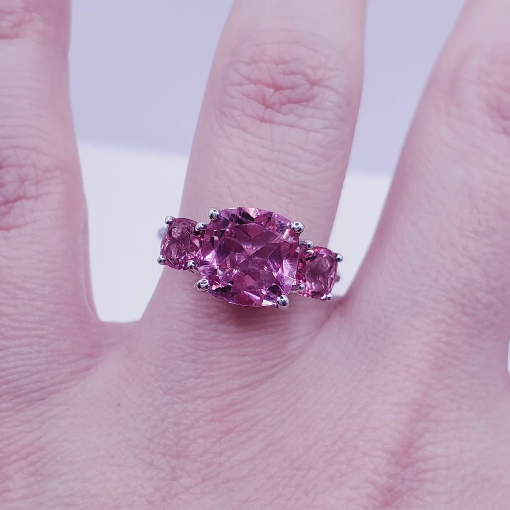 Pink Quartz Three Stone Cushion Cut Ring | 925 Sterling Silver